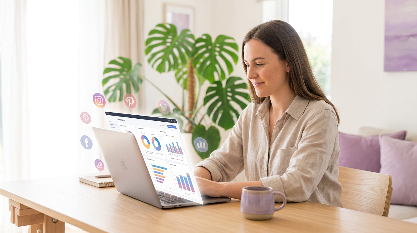 Femme travaillant sur une stratégie de marketing numérique avec des graphiques d'analyse et icônes de réseaux sociaux